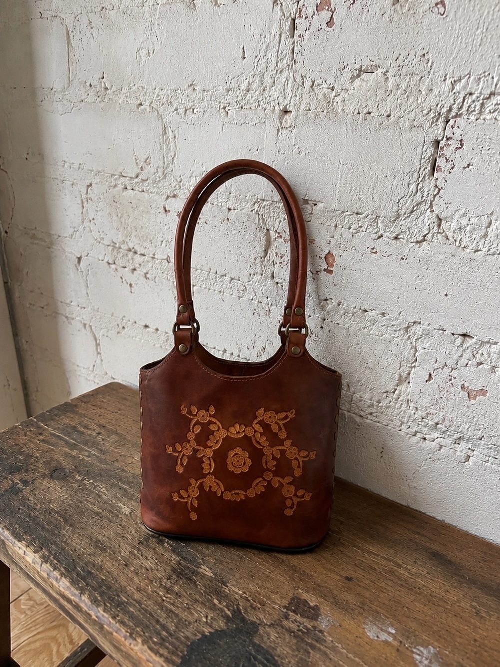 NWOT- Vintage Genuine Tooled Leather Whipstitched Mini Tote Bag Cognac